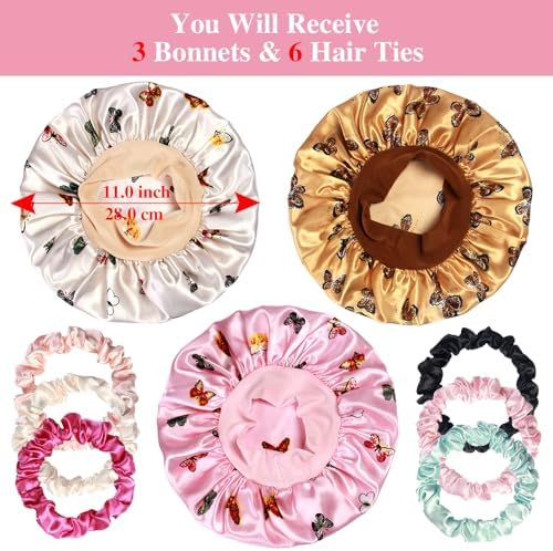 3pcs Satin Bonnets for Kids Sleeping, Cute Hair Bonnet with Scrunchies for Girls Curly Hair, B - Image 2