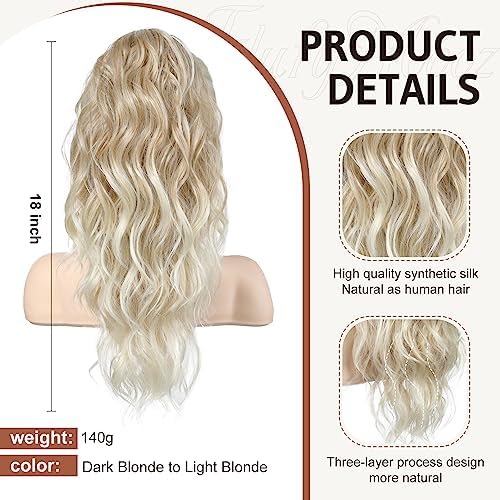 Flufymooz Ponytail Extension, 18 Inch Claw Clip Ponytail Extension, Wavy Curly Claw Clip in Ponytail Hair Extensions, Natural Fake Ponytail Synthetic Hairpiece for Women (Dark Blonde to Light Blonde) - Image 2