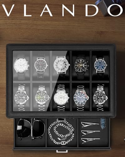 VLANDO Watch Box 10 Slots, Lockable Watch Case with Textured Leather, 2 Layer Watch Holder for Rings, Glasses, Mens Jewelry Box with Glass Lid, Removable Divider, Gifts for Father, Husband, Black - Image 4