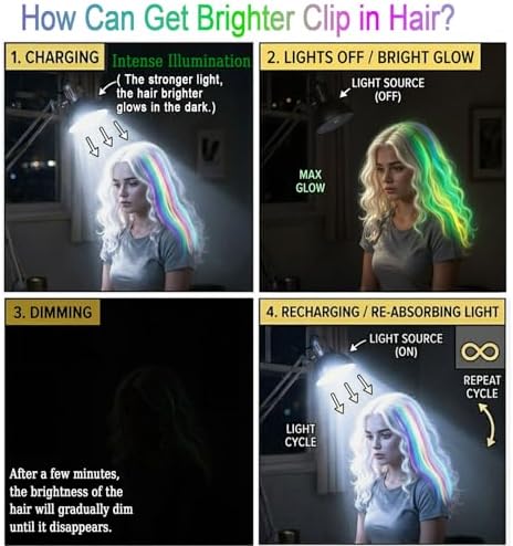 Ms Aloe 10 Pcs Glow in Dark Clip in Hair Extensions - 22inch Colorful Synthetic Rainbow Glow in The Dark Hair Accessories for Women - Image 6