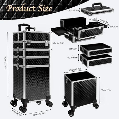5 in 1 Rolling Makeup Train Case Professional Cosmetic Trolley Large Storage Organizer on Wheels for Hairstylist Artist Nail Beauty Salon Barber Black - Image 6