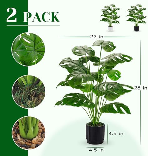 Der Rose 2 Pack 28" Fake Plants, Monstera Plants in White and Black Pots - Image 3