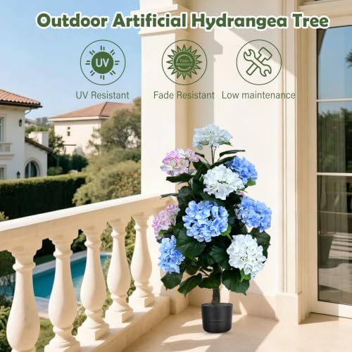 2 Pack 3FT Artificial Hydrangea Trees with Pots, Realistic Pink White Blue Faux Hydrangea Plants, UV Resistant Potted Flowering Tree for Indoor Living Room, Entryway, Front Porch, Patio & Garden Decor - Image 5