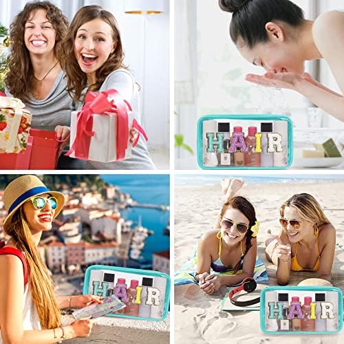 Iqimott Clear Patch Makeup Bag Hair Pouch, Preppy Personalized Chenille Letter Cosmetic Pouch for Travel, Nylon Waterproof Organizer Travel Essentials Zipper Toiletry Bags for Women Girls(Green) - Image 6