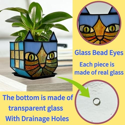 Tiffany Style Stained Glass Cat Flower Pots with Drainage,Funny Blue Cat Planter,Cute Garden Pots,Flower Pots for Indoor Plants,Gifts for Plant Lovers,4.6x3x5.15 in - Image 3