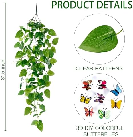 Sggvecsy Fake Hanging Plants 4 Pcs Artificial Hanging Plants Fake Ivy Vine Faux Pothos Vines Artificial Ivy Leaves Greenery Plant for Room Patio Home Indoor Outdoor Shelf Wall Garden Decor(No Baskets) - Image 6