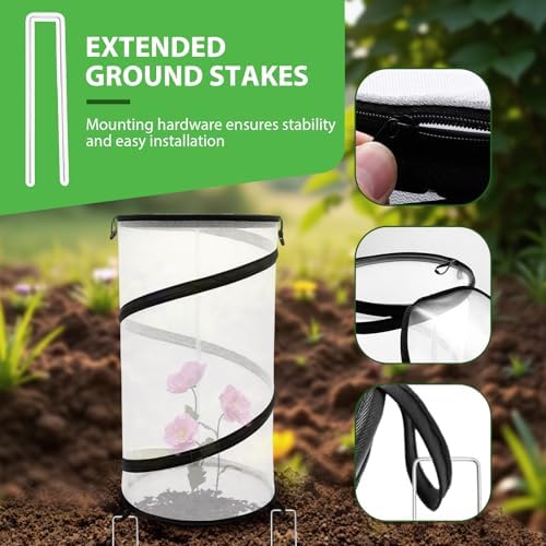 Hoypeyfiy 4 Pcs Pop Up Insect & Bird Barrier Plant Cover Net, 24"x12" Round Foldable Mesh Protector, Garden Cage Guard with Stakes & Carry Bag, Keep Animals & Birds Out for Vegetables and Flowers - Image 2