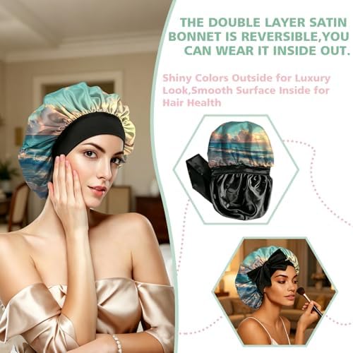 Satin Hair Braid Bonnet for Sleeping Double Layer Tie Band Elastic Wide Soft Silk Lined Nightcap Women Girls Cute - Image 6