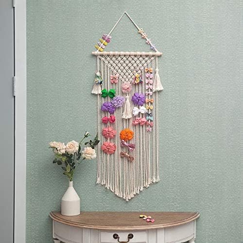 Mkono Macrame Hair Bow Holder Hanging Hair Clips Hanger Headband Storage Organizer Fringe Boho Wall Decor Tassels Bow Organizer for Baby Girls Room Ornament Gift,Ivory(Clips Not Included) - Image 2
