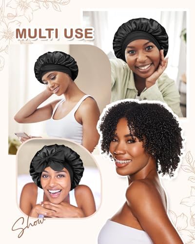 BONNET QUEEN Small Double Layer Silk Bonnet for Sleeping for Women Satin Lined Bonnet Night Cap for Short Thin Hair with Tie Band, Black - Image 2