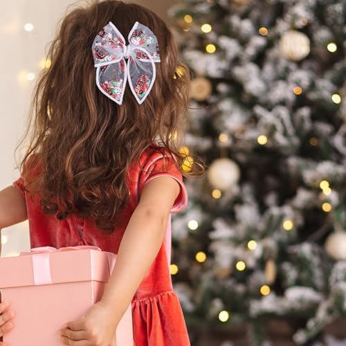 Girls Christmas Fable Bow Hair Clips 2pc 4" Red Mesh Ribbon Santa Claus Alligator Pins Shaker Bow Cheer Barrettes for Teen Toddler Kids Women Xmas Holiday Outfits Decor Accessory Gift - Image 4