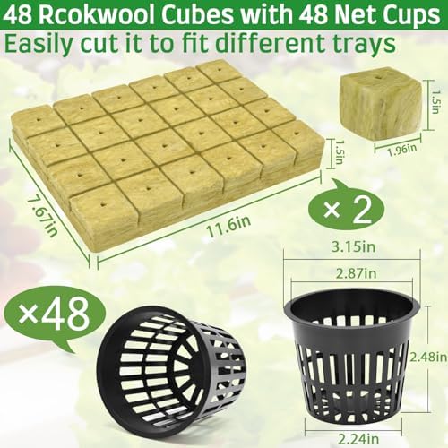 Halatool 48 x 2 Rockwool Cubes & 48 x 3 Net Cups Hydroponic Starter Kit - Image 2