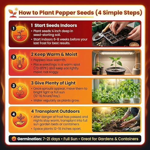Hot Pepper Seeds for Planting, Cayenne, Hungarian Yellow, Jalapeno, Serrano, Habanero Orange, Heirloom Pepper Seeds Variety Pack, NonGMO, Made in USA - Image 7