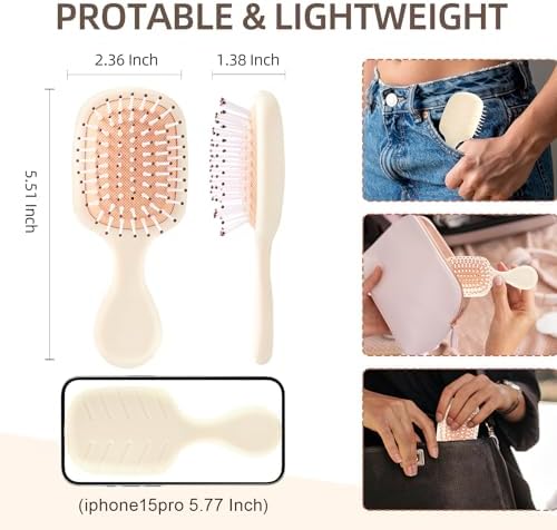 Mini Hair Bursh for Women Men and Kids, Protable Travel Size Hair Brush for Pockets Purses, Mini Detangler Brush for All Hair Types, Small Paddle Brush for Detangling (Beige) - Image 2
