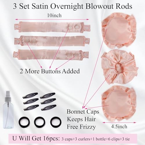 3 Sets Overnight Heatless Curls Blowout Rods Silk Hair Curlers to Sleep in Satin Heatless Curling Set Zero Heat Bun Bons with Bonnet Cap No Heat Headband Roller Wrapper FPink - Image 3