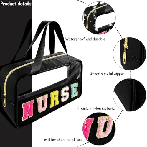 Bunliuys Chenille Letter Clear Makeup Bag with Nurse Patch, Travel Toiletry Makeup Bag with Handle, Nylon Waterproof Cosmetic Bag, Preppy Patch Makeup Bag for Women (NURSE-Black) - Image 3