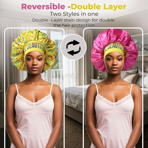 Discover reversible premium double layer silk satin sleeping bonnets designed for hair protection, moisture retention, and all-night comfort. Keep your hair healthy and frizz-free-yellow - Image 5
