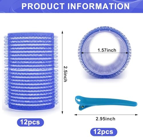 Hair Rollers, 12 Pack Hair Curler Large Hair Rollers for Women, Self Grip Hair Roller with Clips, Blue - Image 2