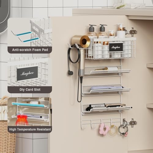 Magheo Hair Dryer Holder Wall Mounted, Adheisve Hair Tool Organizer for hair Brush/Appliance Wall Mount with 5 Tier Shelf Basket Hooks Blow Dryer and Straightener Holder for Bathroom(White) - Image 2