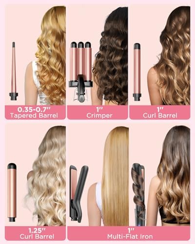 5 in 1 Wand Curling Iron-Kinked Curling Wand Set with Flat Iron Hair Straightener, 3 Barrels Hair Crimper, 3 Ceramic Curling Irons (0.35"-1.25"), 2 Temps Fast Heat Hair Waver Curler, Rose Gold - Image 3