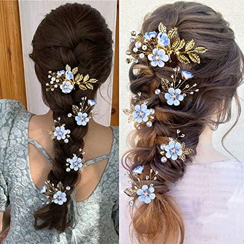 5 PCS Bridal Flower Wedding Hair Pins Crystal Pearl Hair Clips Headpiece Gold Wedding Hair Accessories Jewelry with Rhinestone for Brides Bridesmaids Women Girls Updo, Special Cream Blue - Image 5