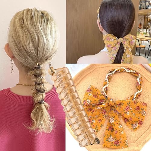 2Pcs+1 Retractable Pocket Headband, Vintage floral Hairband for a variety of hair accessories + Portable Adjustable Hair Hoop with Plastic Storage Bag for Washing Makeup Travel Outdoor-Yellow by Enjoythelife