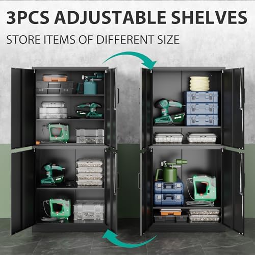 Metal Storage Cabinet with 3 Adjustable Shelves and 4 Doors,71" Garage Storage Cabinet with Lock,Black Metal Cabinets with Locking Doors,Steel Tool Cabinets,Lockable Cupboard for Home,Office,Garage - Image 4