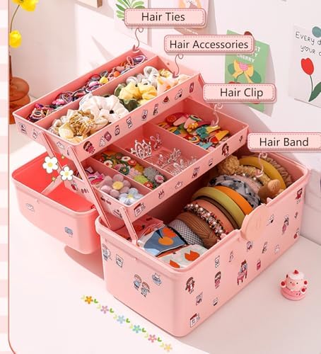 Hair Accessories Organizer for Girls Headbands, Clips, Ties,Baby Girl Supplies, Lockable Three-layer Folding Craft Organizers and Storage Plastic Kids Jewelry Box, Birthday Gifts for Little Girls - Image 2