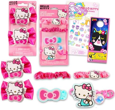 Hello Kitty Hair Accessories Set for Kids - Bundle with 2 Bows, 3 Elastics and 1 Clip, Tattoos, and More | Hello Kitty Accessories for Girls by Hello+Kitty