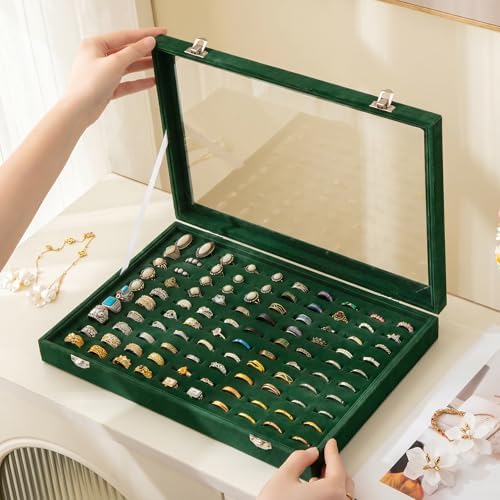 Frebeauty 100 Slots Ring Organizer Tray,Velvet Ring Box with Clear Lid - Image 2