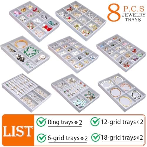 Set of 8 Stackable Jewelry Organizer X-Large Velvet Jewellry Trays Jewelryy Drawer Inserts, Earring Ring Brooch Necklace Bracelet Watch Display Plate with Removable Dividers - Image 3