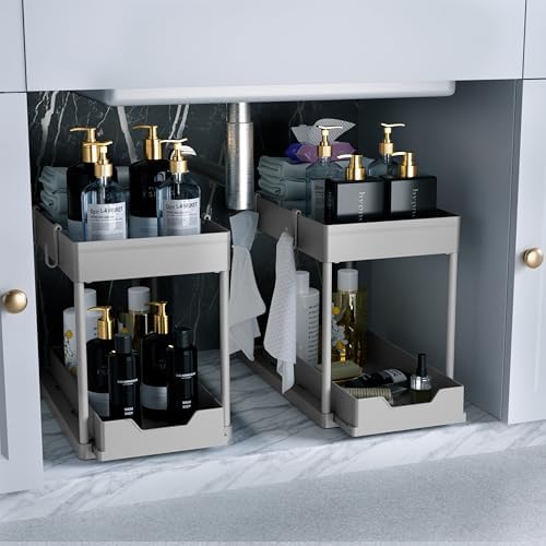 DEKAVA 2 Pack Under Sink Organizer, 2-Tier Sliding Cabinet Basket, Grey by DEKAVA