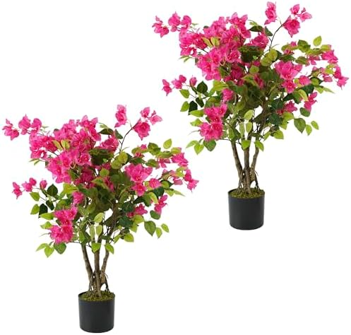 2 Pack Artificial Bougainvillea Tree, 3FT Small Fake Flowering Plant with Pink Bougainvillea Flowers, Potted Faux Tree for Indoor Outdoor Home, Balcony, Porch, Office, and Garden Decoration by Jcezvnt