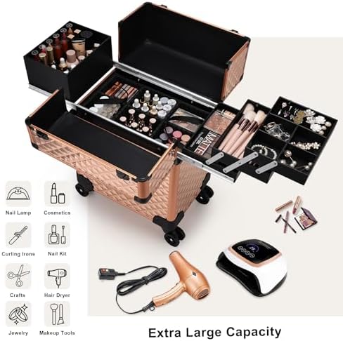Stagiant Rolling Makeup Train Case Large Storage Cosmetic Trolley 4 Tray with Sliding Rail Removable Middle Layer with Key Swivel Wheels Salon Barber Case Traveling Cart Trunk - Image 2