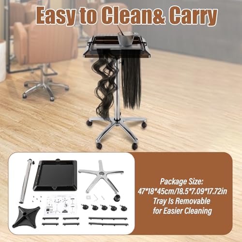 Hair Extension Holder, Rolling Salon Hair Extension Tool, Stainless Steel Tray Cart Height Adjustable, Removable Hair Extension Tool Tray with Wheel, Rolling Salon Tray Cart Black - Image 7