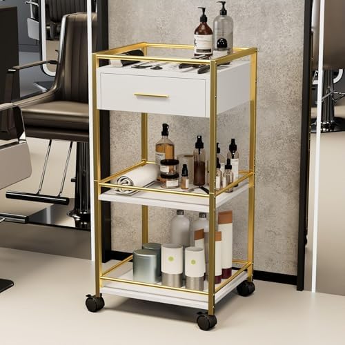 Salon Trolley Cart with Wheels, 3 Shelves & 1 Drawer, Mobile Hair Stylist Station for Tools Storage, Rolling Organizer Cart for Barber & Tattoo Supplies, Durable, Sturdy & Easy to Move - Image 2