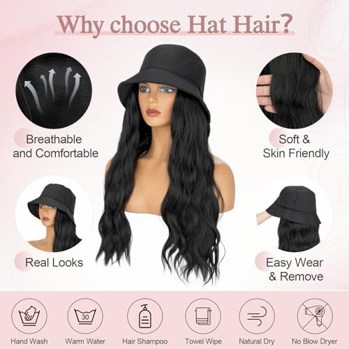 SEGO Cap with Hair Attached for Women Bucket Hat Wig Long Natural Wavy Hair Extensions With Hat Heat Resistant Synthetic Fiber Extensions 18 Inch 1B Natural Black - Image 5