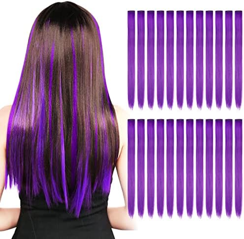 Kyerivs 24PCS Purple Hair Extensions for Girls 20Inch Rainbow Straight Synthetic Clip in Hairpieces for Girls Party Highlights Colorful Hair Accessories Halloween Gifts for Women Easter Gifts by Kyerivs