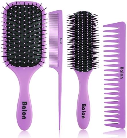 4Pcs Detangling Hair Brush Set for Women - Paddle Brush for Wet or Dry, No More Tangles for Straight, Long, Thick, Curly, and Natural Hair (Purple) by BALON