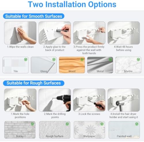 Hair Dryer Holder Wall Mount with 2 Storage Compartments, Aerospace Aluminum Blow Dryer Curling Iron Flat Iron Holder, No Drill Adhesive Bathroom Hair Tool Organizer, Heat Resistant (White) - Image 6