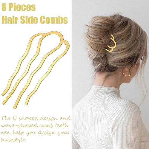 8 Pieces Hair Side Combs, Metal Hair Fork Clip Hair Pins for Buns Hair Updo U-Shape Hair Sticks for Women Hair Styling Tool Accessories (Gold) - Image 3