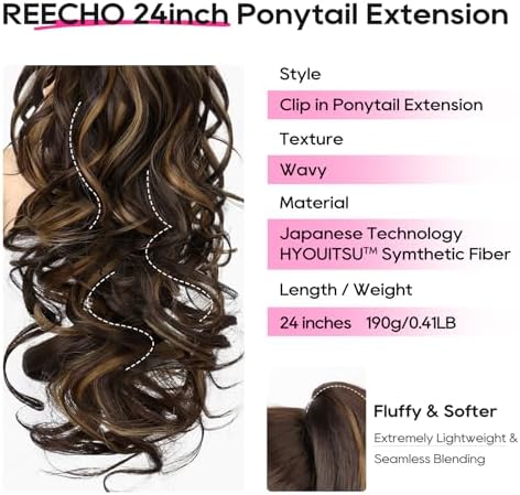 REECHO Ponytail Extension, 24" Claw Clip in Long Curly Wavy Ponytail Hair Extension Jaw Clip on Pony Tails Hairpiece for Women - Dark Brown with Highlights - Image 2