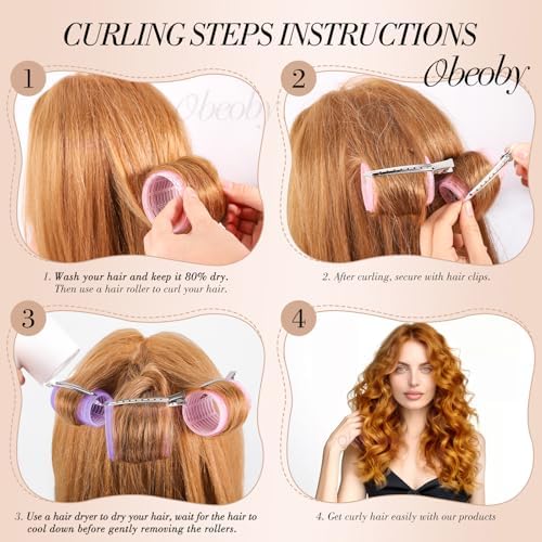obeoby 4 Sizes Hair Rollers Curler Set with Clips for Women, Pink Purple - Image 3