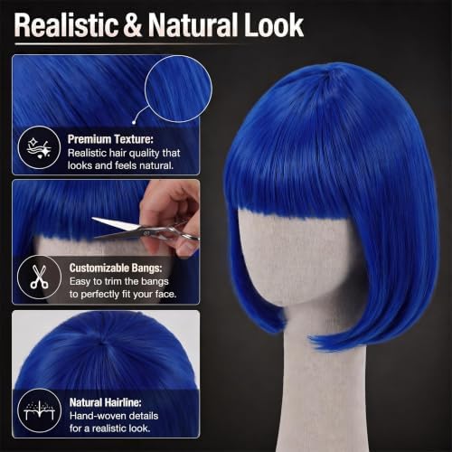 Short Royal Blue Bob Wig with Bangs for Women - Image 3
