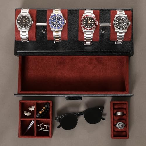 ROTHWELL Luxury Watch Display Case for 4 Watches – Leather Watch Box with Acrylic Cover and Removable Slide in Cushions – Accessory Drawer with Multiple Configurations (Black/Red) - Image 4