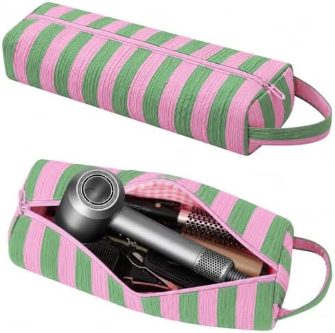 Striped Hair Tools Travel Bag Compatible with Dyson Airwrap & Shark FlexStyle, Portable Cute Hair Tool Organizer Case for Curling Iron, Flat Iron & Styling Accessories (Pink&Green) by Canumer