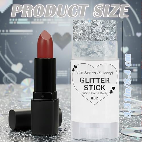 Silver Hair Glitter Stick,Cheer Body Face Glitter Stick,Mardi Gras Outfit for Women,Rave Music Festival Singer Concert Accessories,Waterproof Halloween Cosplay Shimmer Makeup - Image 4