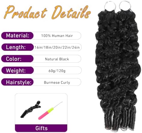 Burmese Curly Crochet Human Hair 20 Inch 60g Human Crochet Hair for Black Women Miracle Knots Hair Pre-Separated Feather Crochet Human Hair Bundles Invisible Hair Extensions Natural Black - Image 3