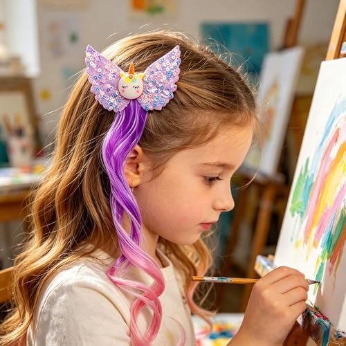 Ideal Swan 6 Set Unicorn Hair Extensions Clip - Colorful Curly Hair Extensions for Girls, Cute Unicorn Accessories Hair Clips for Kids Ponytails, Rainbow Thick Wig Clip in Fake Bangs (Curly Hair) - Image 4