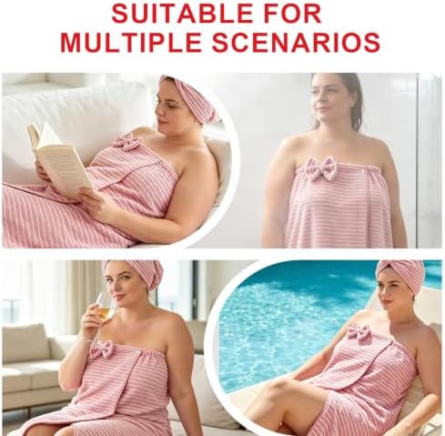 Oversized Bath Towel Wrap for Women Plus Size with Hair Dry Towel Set Microfiber Soft Absorbent Body Wrap with Button Design for Shower, Spa, Beach, Latte Stripe (XL-2XL) - Image 5